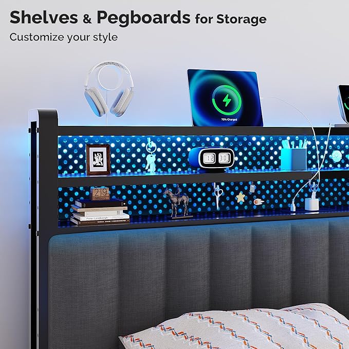 VINGLI Full Size Headboard Only, Adjustable Upholstered Headboard with 3 Tier Shelves and Pegboard with Charging Stations and LED Lights, Modern Bed Headboard with Storage for Bedroom Decor,Dark Gray