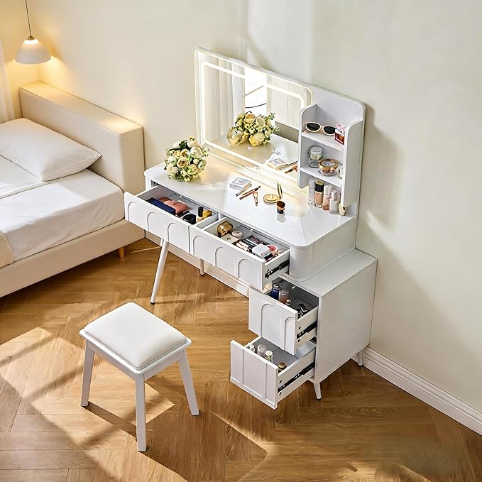 Casaphoria Makeup Vanity Desk with LED Lights & Mirror, 45.5" Dressing Table Set with 4 Drawers and Stool | White Bedroom Makeup Table with Dimmable Brightness, Space-Saving Design for Women & Teens