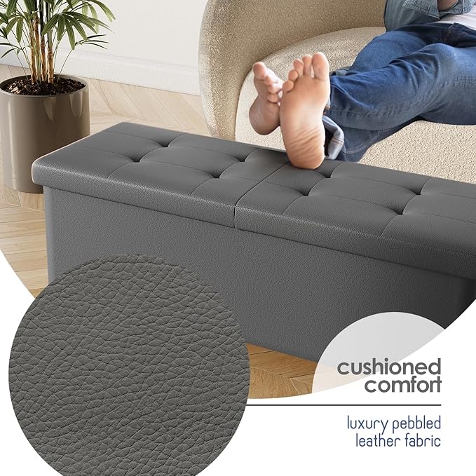 Storage Ottoman Bench with Bins, 43-in Storage Bench for Bedroom End of Bed, Folding Foot Rest Ottoman for Living Room Max 660lbs, Faux Leather Ottomans, Grey