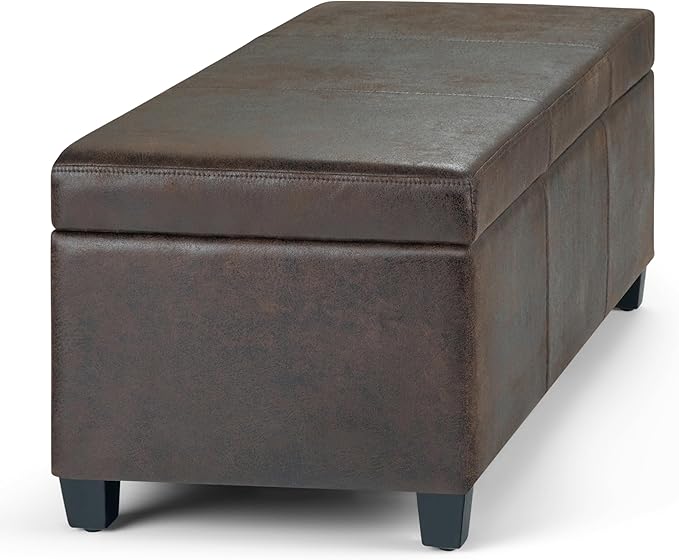 SIMPLIHOME Avalon Storage Ottoman Bench - 48" Wide x 16" High Upholstered Vegan Leather Rectangular Lift-Top Ottoman in Distressed Brown, Contemporary Bench for Living Room with High-Density Foam