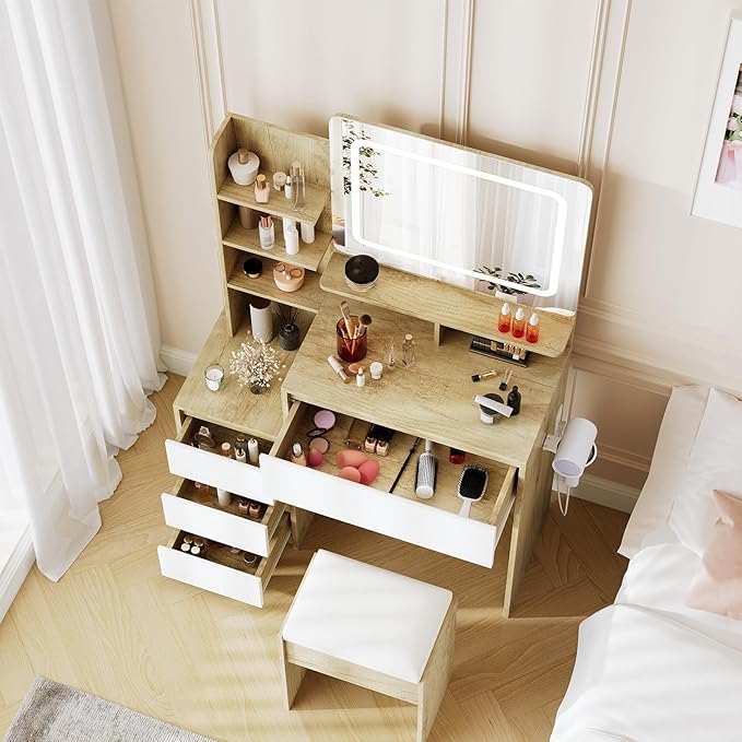 Vanity Desk with Mirror and Lights - 36" Vanity Table Set with 4 Drawers, Power Outlet, USB Ports, Stool, Dressing Table with 3 Lighting Color Adjustable for Bedroom, Women,