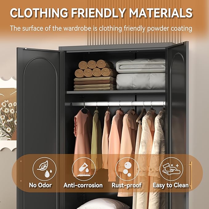 Polup Metal Armoire Wardrobe Closet with Doors and Shelves, 71" Tall Wardrobe Closet with Hanging Rod, Freestanding Clothes Cabinets, Large Wardrobes for Bedroom, Home Office, Employee, Black