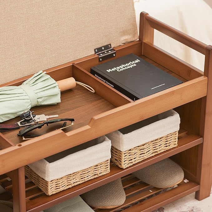 PETKABOO 31.5" Bamboo Shoe Rack Bench with Storage, 3-Tier Entryway Bench with Thick Cushion, Flip-Top & Side Baskets, Holds Up to 550 LBS for Hallway, Living Room, Bedroom