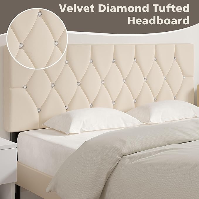 VECELO Tufted Upholstered Headboard Queen Size, with 6 Adjustable Height from 39.8" to 49.8", Button Diamond Design, Easy Assembly, Beige
