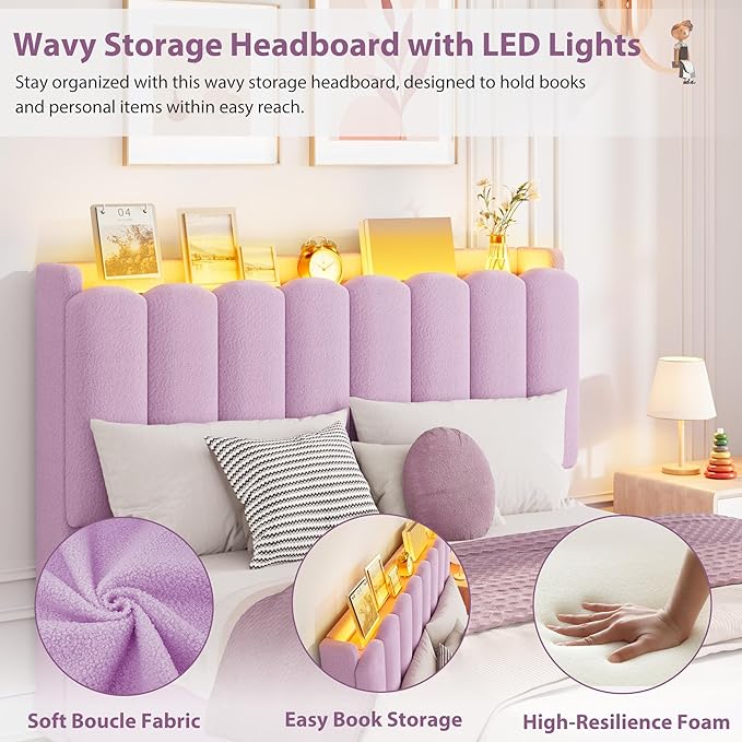 Garvee LED Full Size Bed Frame with Storage Headboard, Kids Bed Frame with 2 Drawers, Boucle Upholstered Platform Bed for Girls, Chic Wavy Headboard with Bookcase, No Box Spring Needed, Purple