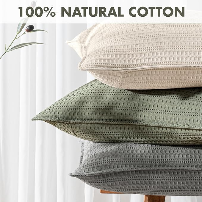 Set of 2 Decorative 100% Cotton Waffle Euro Sham Pillow Covers 24x24, Neutral Throw Pillows Weave European Cushion Cases for Couch Sofa Bed Modern Farmhouse Home Decor, Olive Green