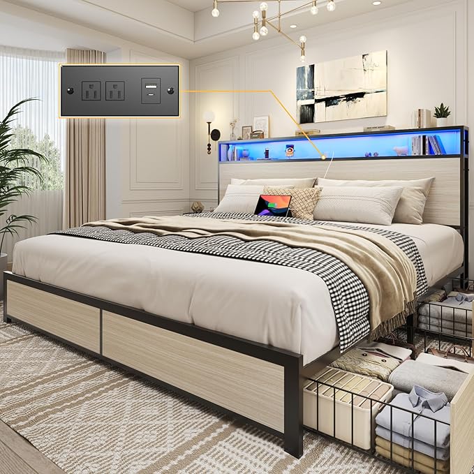 Lifezone King Bed Frame with 2-Tier Storage Headboard, Metal Platform Bed Frame with 4 Storage Drawers, Built in Charging Station & LED, Noise-Free/Metal Support/No Box Spring Needed, Beige