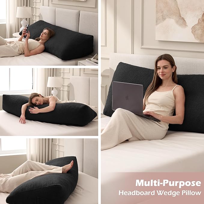 Headboard Pillow Queen, Triangle Bed Wedge Pillow for Headboard, Backrest Pillow for Sitting up, Reading, Working, Headboard Daybed Pillow with Removable Cover for Bed, Dorm Sofa, Black