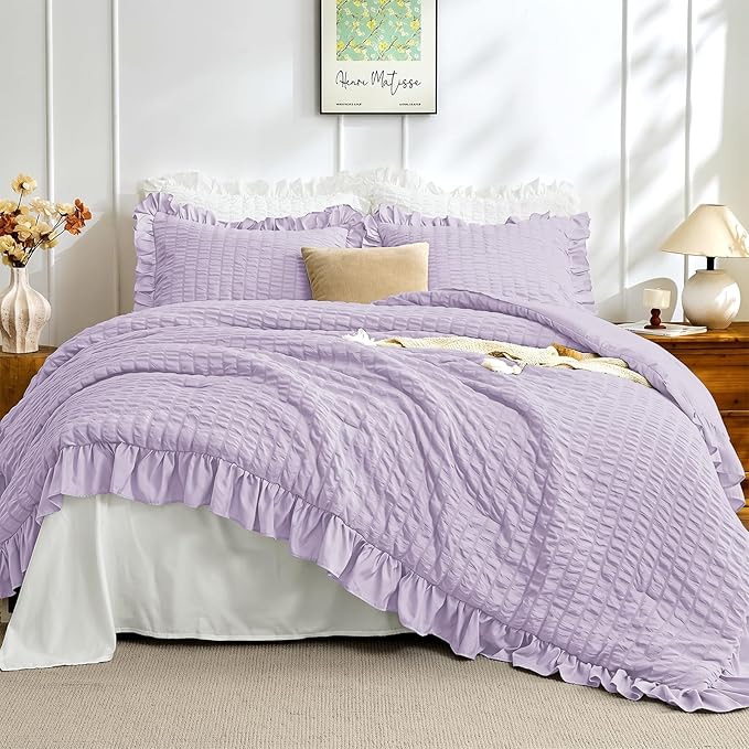 JOLLYVOGUE Lavender Twin Size Comforter Set, 2 Pieces Seersucker Lightweight Fluffy Bedding Set, Twin Ruffle Comforter, All Season Soft Microfiber Shabby Chic Bed Set