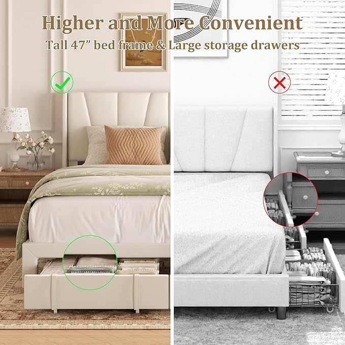 Full Bed Frame with Storage Drawers, Velvet Upholstered Platform Bed with 47" Tall Headboard and Wingboard, No Box Spring Needed, Noise Free, Easy Assembly, Wooden Support Slats, Beige
