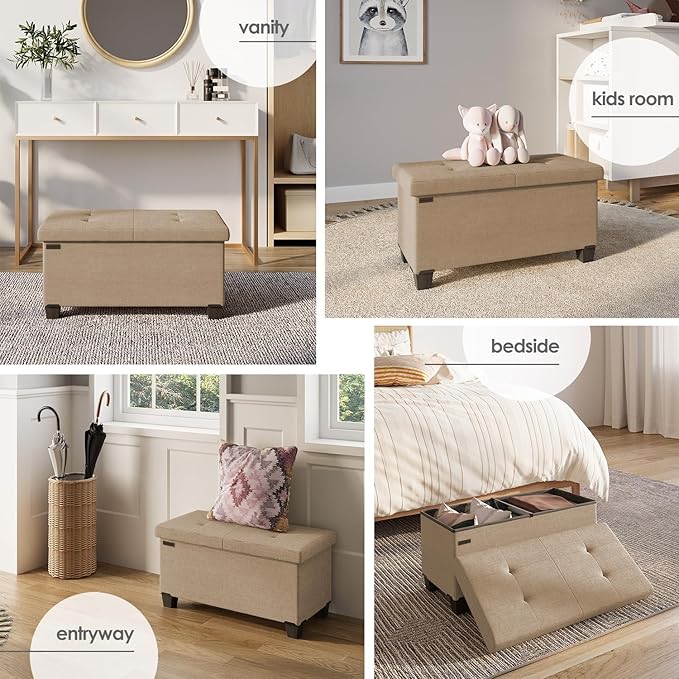 Storage Ottoman Bench with Bins, 30-in Storage Bench for Bedroom End of Bed, Folding Foot Rest Ottoman for Living Room Max 660lbs, Fabric Ottomans, Taupe