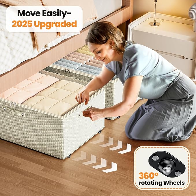 Dayacoco Under Bed Storage With Wheels,10 Inches Under Bed Storage Containers,65L Large Capacity,No Assembly Required Rolling Under Bed Storage for Clothes,Blankets,Shoes,Beige