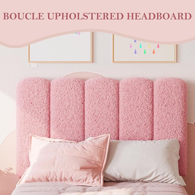 GarveeHome Twin Bed Frame with Under-Bed Drawer, Upholstered Platform Bed with Wave Headboard for Kids/Girls, Wooden Slats Support, No Box Spring Needed, Boucle Pink