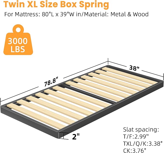 VIPSHOW 2 Inch Wood Slat Twin XL Box Spring with Round Corners - 3000 lbs Capacity, Low Profile Bed Slat Replacement Bunkie Board with Metal Frame, Noise-Free, Easy Assemble, Black