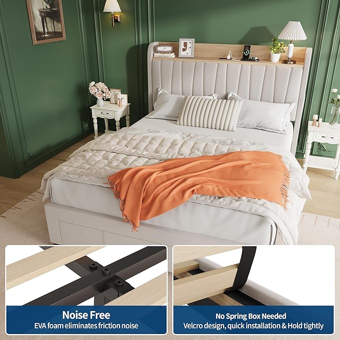 GarveeHome Upholstered Bed Frame with Storage Headboard and Charging Station, Platform Bed Frame with Drawers, Heavy Duty, No Box Spring Needed, Easy Assembly, Beige, Full Size