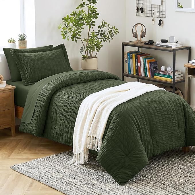CozyLux Twin XL Comforter Set with Sheets Seersucker Olive Green 5 Pieces Bed in a Bag, Twin Extra Long Luxury Soft Bedding Sets College Dorm with Down Alternative Comforter, Sheets, Pillowcase & Sham