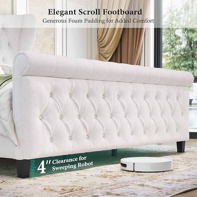 koorlian King Bed Frame,Chenille Upholstered Sleigh Bed with Scroll Wingback Headboard & Footboard,Luxury & Soft Button Tufted Modern King Bed,Easy Assembly,No Box Spring Needed