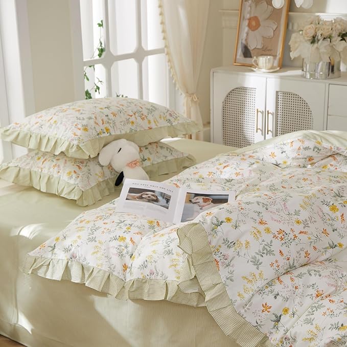 mixinni 100% Cotton Duvet Cover Set Queen, Reversible Spring Floral Ruffle Green Striped Bedding for Girls, French Country Cottagecore Aesthetic 3PC Duvet Cover with Zipper Closure & Pillowcases