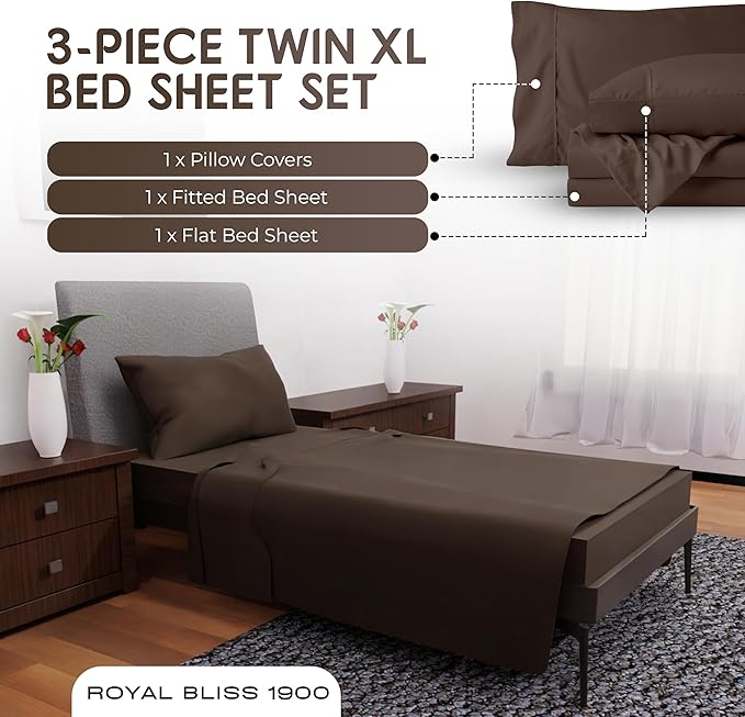 Twin XL Sheets Set - 3 Piece Bedding - Wrinkle Free, Fade Resistant, Double Brushed Microfiber - Deep Pockets/Easy Fit - 1800 Series Ultrasoft, Cooling Sheets (Chocolate)