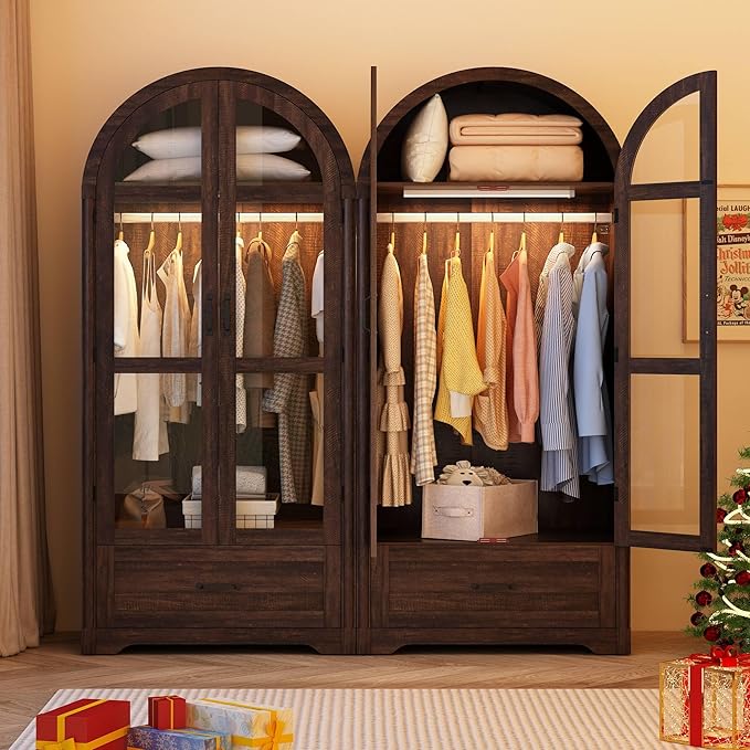 chartustriable 2 Doors Arched Armoire Wardrobe Closet w/Drawers,LED Light,Wooden Closet Wardrobe Cabinet with Hanging Rod for Bedroom,Modern Armoire Storage Cabinet w/Shelf,Rustic Brown