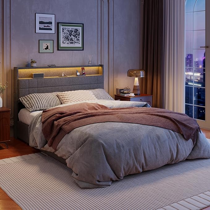 Forestell Full Size Bed Frame with 4 Drawers and Storage Headboard, Grey Upholstered Platform Bed Frame Full Size with Charging Station and LED Lights, Metal Slats Support, No Box Spring Needed