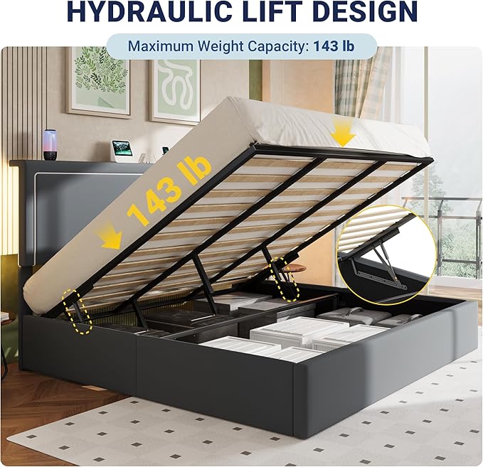 Allewie King Size Lift Up Storage Bed Frame with Charging Station & LED Lights, Adjustable Velvet Upholstered Storage Headboard, Type-C & USB Ports, Hydraulic Support, No Box Spring Needed, Grey