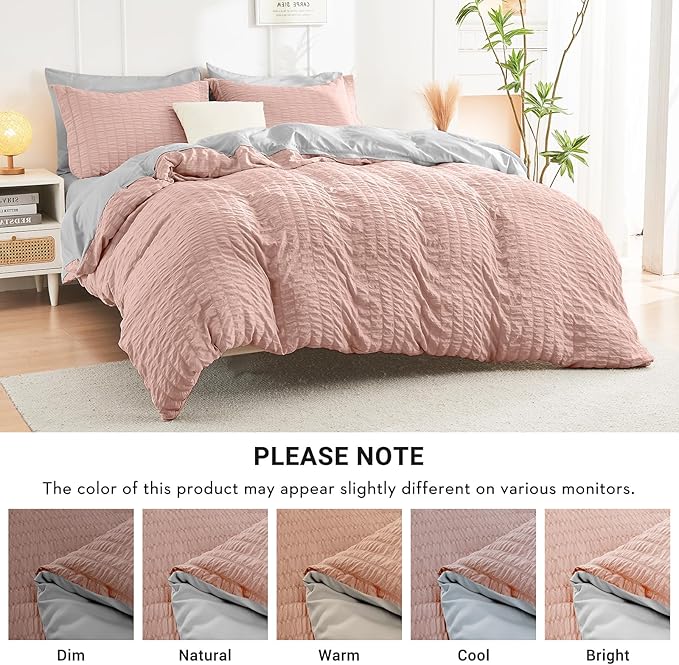 HYMOKEGE Rose Gold/Light Grey Queen Comforter Set Seersucker 7 Pieces, All Season Luxury Bed in a Bag Queen for Bedroom, Bedding Set with Comforter, Sheets, Pillowcases & Shams