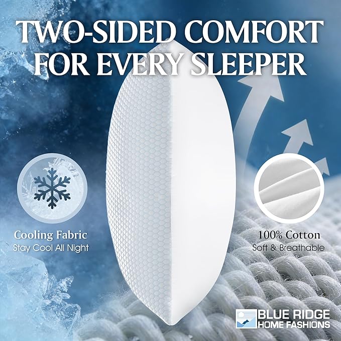 Blue Ridge Home Fashions Cooling Bed Pillows King Size Set of 2, Reversible Cooling & Cotton Fabric, Medium Firm, Down Alternative Breathable Support for Hot, Side, Back & Stomach Sleepers, 20" x 36"