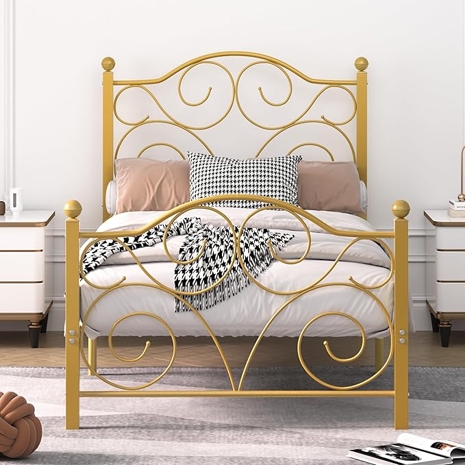 VECELO Twin Size Bed Frame with Headboard and Footboard, Heavy Duty Metal Slat Support, Platform Mattress Foundation, No Box Spring Needed, Easy Assembly, Gold