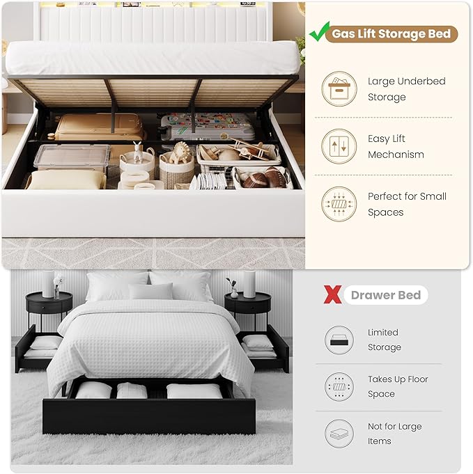 SHA CERLIN King Size Lift Up Storage Bed Frame/LED Lights/Charging Station/2-Tier Shelves Headboard/USB,Type-C Ports/Velvet Upholstered/Hydraulic Support/No Box Spring Needed/Noise Free/White
