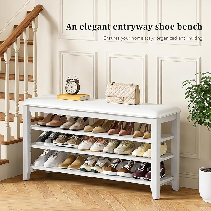 Shoe Rack Bench Entryway Storage with Leather Cushion, Shoe Organizer Bench for Entryway, Ideal for Front Doors Entrances Hallway Mudroom Featuring Rubberwood And 3 Height-Adjustable Removable Shelve
