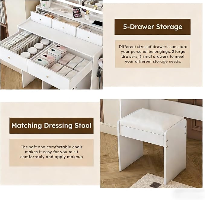 Casaphoria Large Makeup Vanity Desk with Mirror, 5 Drawers & Power Outlet for Bedroom - Modern Dressing Table with Adjustable LED Lights & Hair Dryer Holder, White