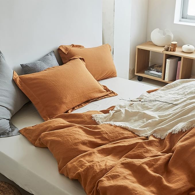 Simple&Opulence 100% Linen Duvet Cover Set 3pcs Basic Style Natural French Washed Flax Solid Color Soft Breathable Farmhouse Bedding with Button Closure - Rust, Full