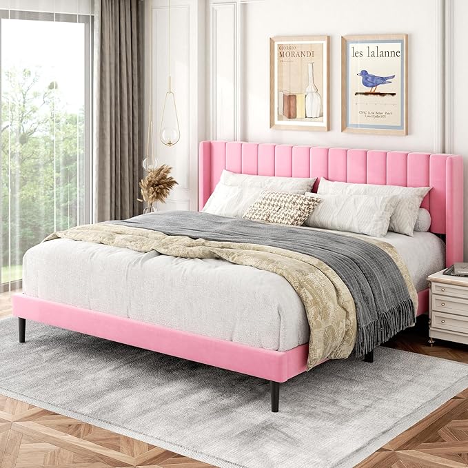 Gruwans King Size Bed Frame with Wingback Headboard, Upholstered Platform Bed, No Box Spring Needed, Sturdy Wooden Slat Support, Easy Assembly, Pink