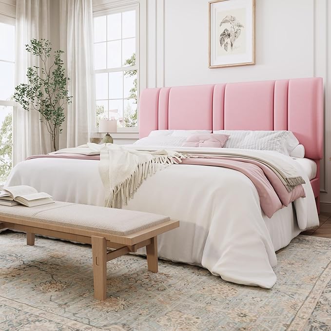 SHA CERLIN King Size Platform Bed Frame, Velvet Upholstered Bed with Adjustable Headboard, Vertical Channel Tufted Design, Sturdy Wood Slat Support, No Box Spring Needed, Easy Assembly, Pink