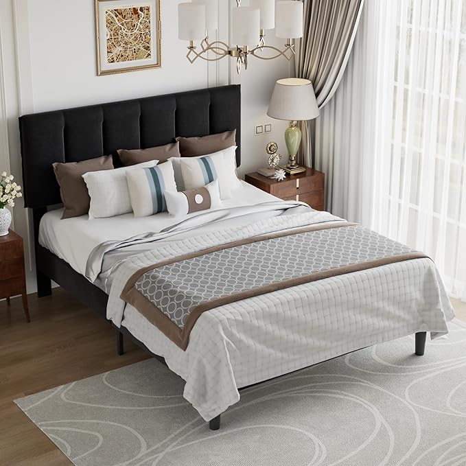 VECELO Queen Bed Frame with Upholstered Headboard, Heavy-Duty Platform Bedframe with Strong Wooden Slats Support, No Boxing Spring Needed, Velvet & Black