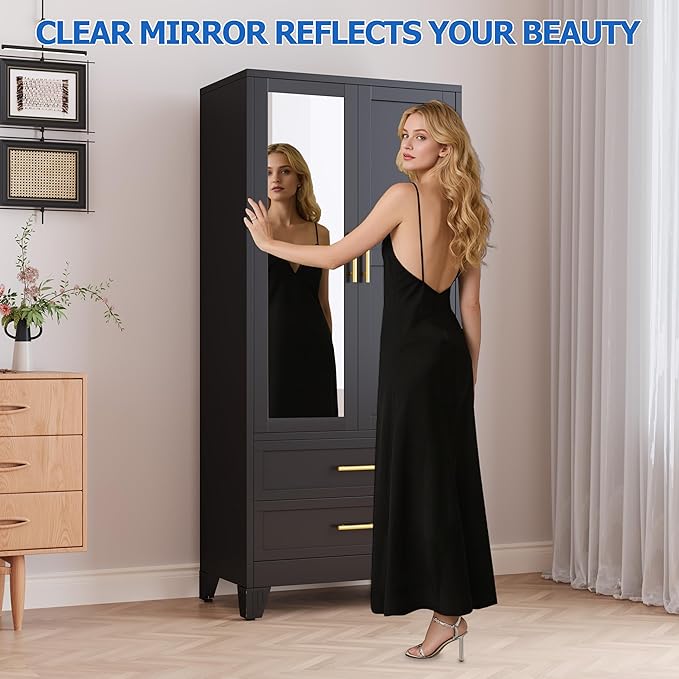 GAIOUS Steel Armoire Wardrobe Closet with Mirror, 71" Metal Clothes Storage Cabinets with 2 Doors, 1 Adjustable Shelf, 2 Drawers, Metal Wardrobe Cabinet with Hanging Rod for Bedroom, Gym, Cloak(Black)