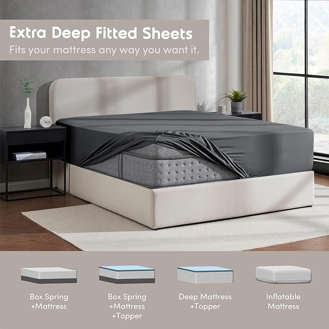 Nestl Grey California King Fitted Sheet Extra Deep Pocket, Hotel Luxury Cal King Fitted Sheet Only Easily Fits 18 to 24 Inch Mattress, Super Soft, Wrinkle-Free, and Breathable with Corner Straps