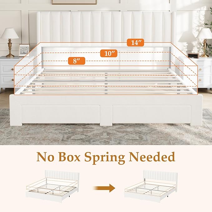 Garvee King Size Bed Frame, Velvet Upholstered Bed Frame with Wingback Headboard, 2 Storage Drawers, No Box Spring Needed, White