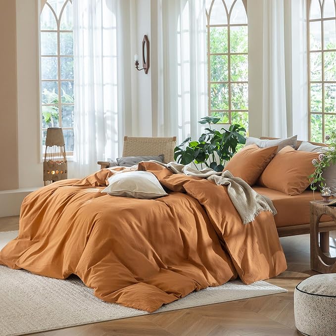MooMee Bedding Duvet Cover Set 100% Washed Cotton Linen Like Textured Breathable Durable Soft Comfy (Solid Burnt Orange, Oversized Queen 98"x98")
