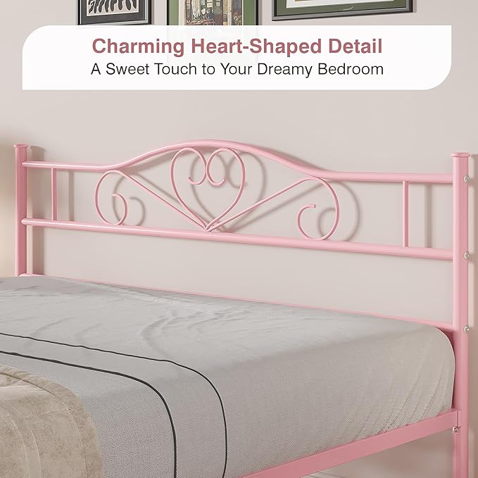 VECELO 14 Inch Queen Size Metal Platform Bed Frame with Headboard and Footboard, Heavy Duty Mattress Foundation with Steel Slats Support, No Box Spring Needed, Pink