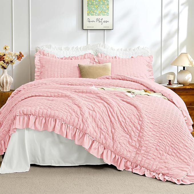 JOLLYVOGUE Pink Seersucker King Comforter Set, 3 Pieces Bed in a Bag Comforter Set, Lightweight & Fluffy Bedding Sets King for All Season with 1 Ruffle Comforter and 2 Ruffle Pillowshams