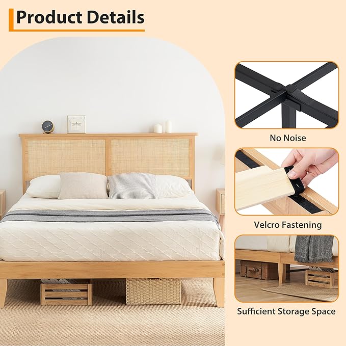 Garvee Queen Size Rattan Bed Frame, Bohemian Queen Rattan Bed Frame with Natural Headboard, Platform Queen Size Bed with Wooden Legs, LED Lights, No Box Spring Needed