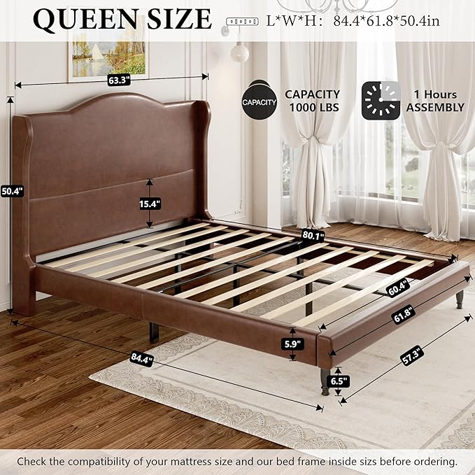 Queen Upholstered Bed Frame with Tall Headboard, Leather Platform Bed Frame with Wingback Sides, Wood Slats Support, Noise-Free Design, No Box Spring Required, Easy Assembly, Dark Brown