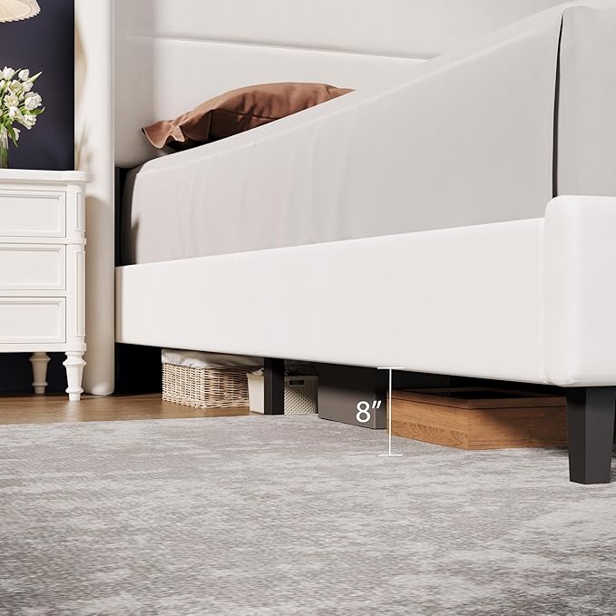 Garvee Queen Size Bed Frame with Wingback Headboard, Velvet Upholstered Platform Bedframe with Wood Slats, No Box Spring Needed, Easy Assembly, White