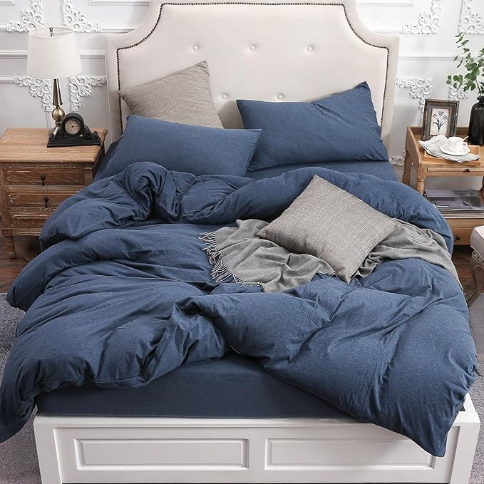 PURE ERA Jersey Knit Duvet Cover Set 100% T-Shirt Cotton Super Soft Comfy 3pc Bedding Set with Zipper Closure (Heather Navy Blue, Oversized Queen)