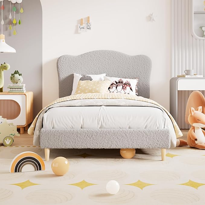 GarveeHome Upholstered Twin Size Bed Frame for Kids with Scallop Headboard, Cute Velvet Twin Bed for Girls, Boys, Sturdy Platform Bed, No Box Spring Needed, Wooden Slats, Noise Free, Light Grey