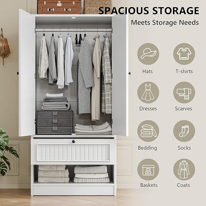 Einhomn 70" Armoire Wardrobe Closet with Doors & Mirror,Wooden Wardrobe with Drawers and 3 Side Hooks,Large Freestanding Bedroom Storage Wardrobe Cabinet,White
