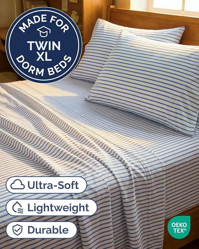 Twin XL 4 Piece Sheet Set - Comfy, Breathable & Cooling - Soft Hotel Luxury Bedding for Women, Men, Kids, Teens & Children - 1 Flat & 1 Fitted Sheet & 2 Pillowcases w/ Deep Pockets - Blue Stripes 2