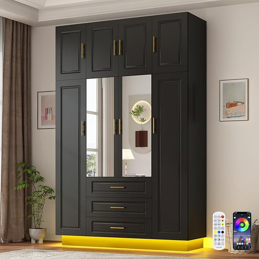 Hlivelood Large Armoire Wardrobe Closet Cabinet with Drawers and LED Lights, Multi-Tier Shelves, Hanging Rod, Large Capacity Storage 4 Door Wardrobe Armoire with Top Cabinet for Bedroom, Black